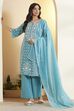 Teal Blue Viscose Blend Embroidered Straight Kurta Set image number 0