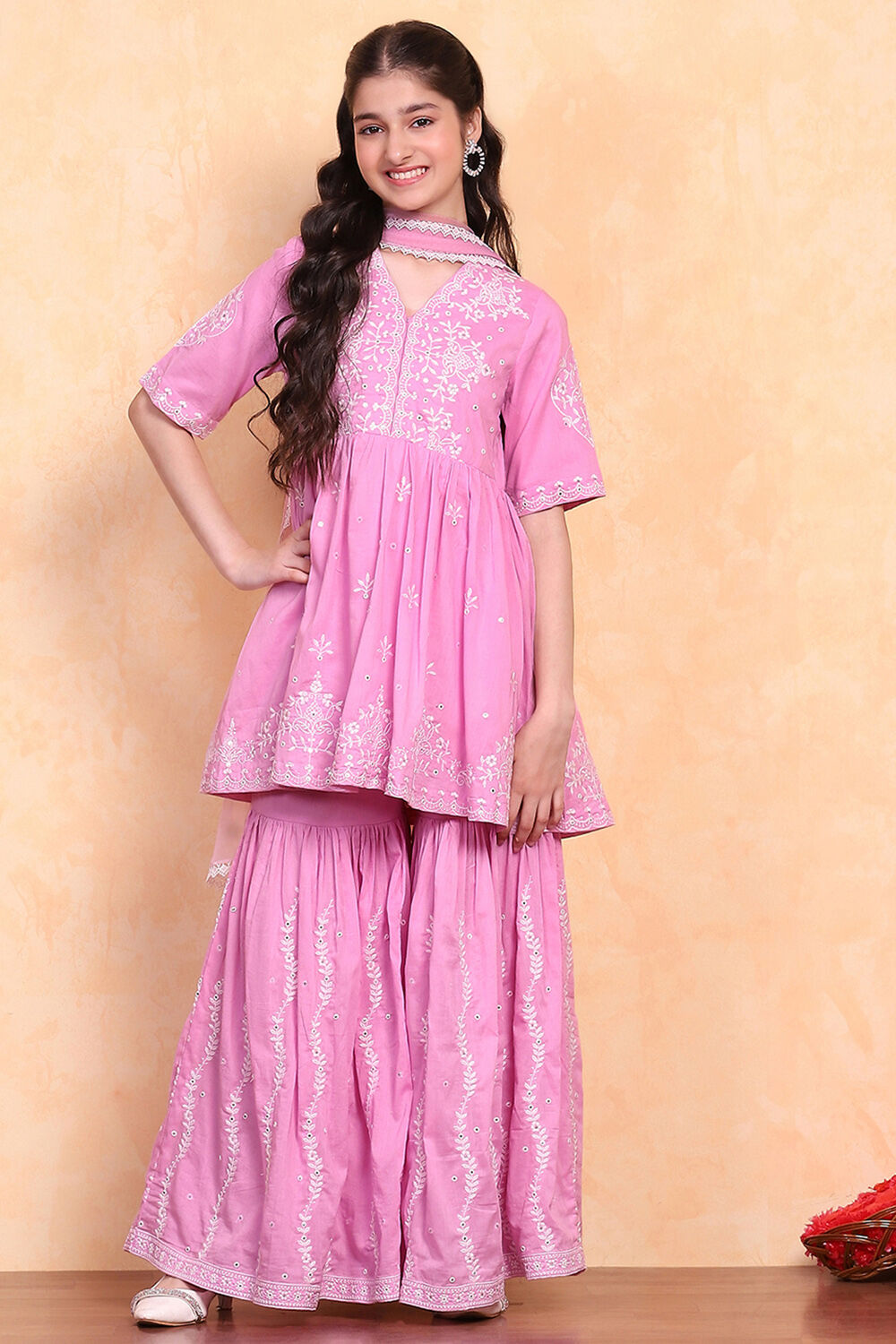 Pink Cotton Embroidered Peplum Suit Set image number 6