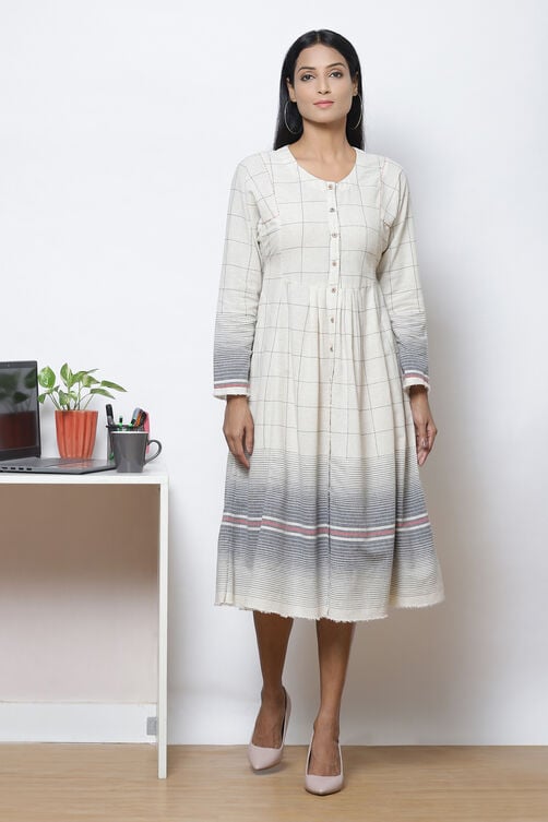 Off White Flared Cotton Yarndyed Dress image number 2