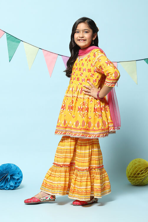Yellow Cotton Gathered Printed Kurta Sharara Suit Set image number 1