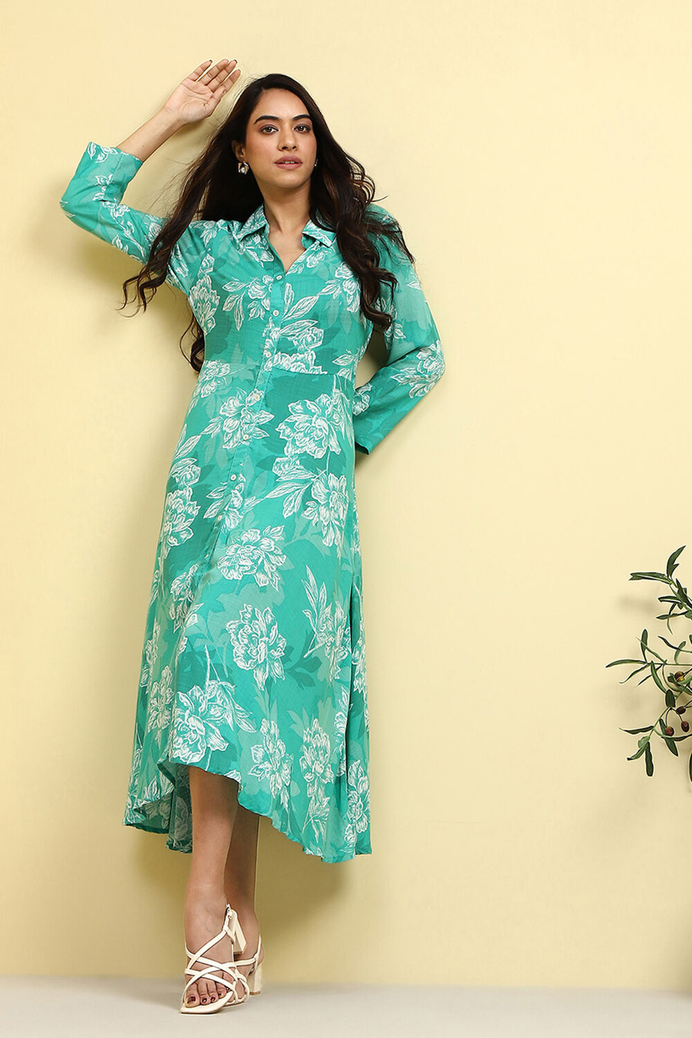 Cyan Blue Floral Printed Shirt Style A-line Dress image number 0