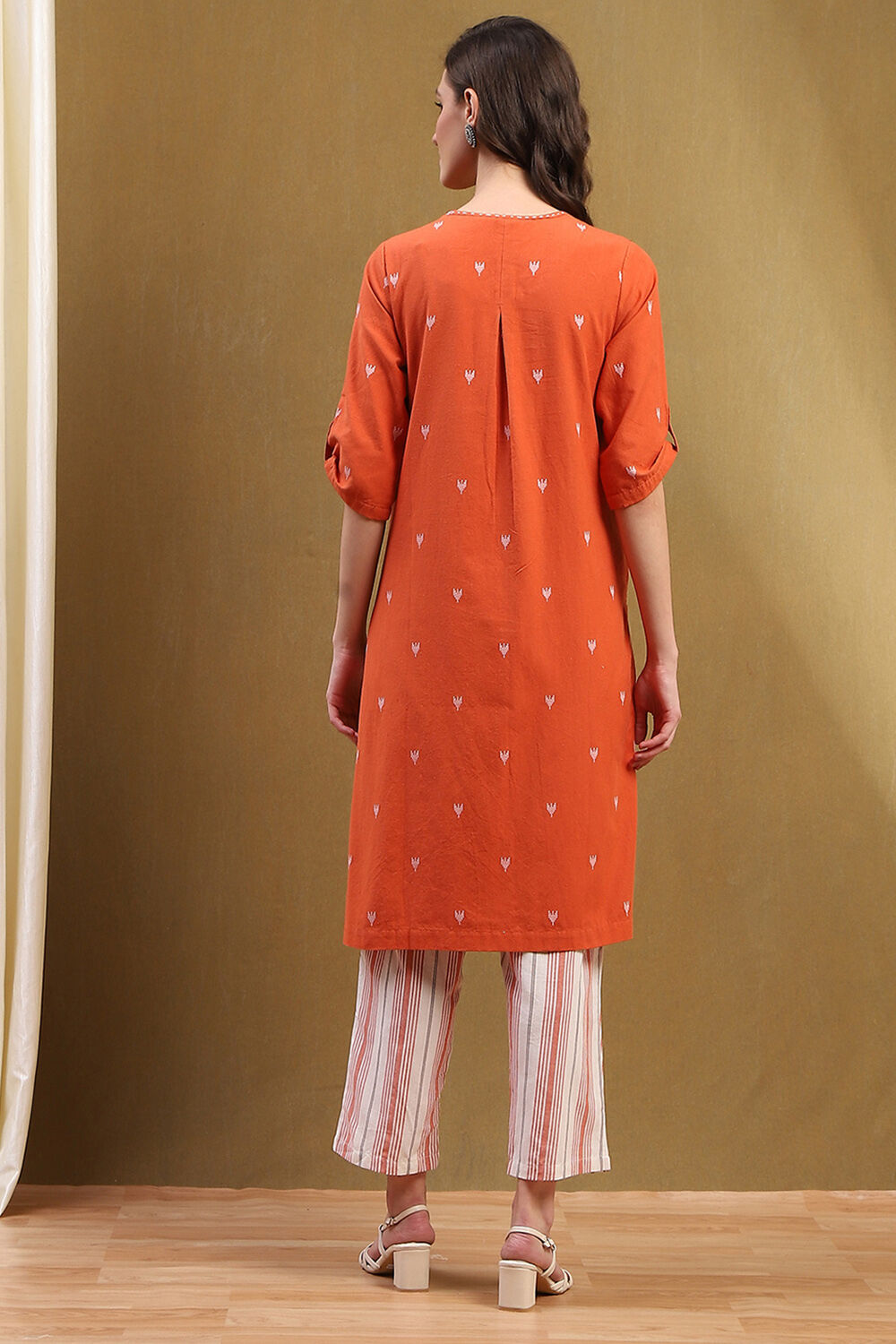 Orange Cotton Printed Straight Suit Set image number 4