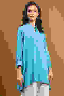 Turquoise Solid Asymmetric Short Kurta image number 4