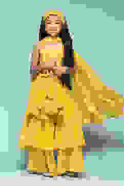 Yellow Polyester Straight Embroidered Suit Set image number 0