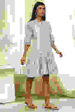 Blue Cotton Floral Printed Tiered Dress image number 4