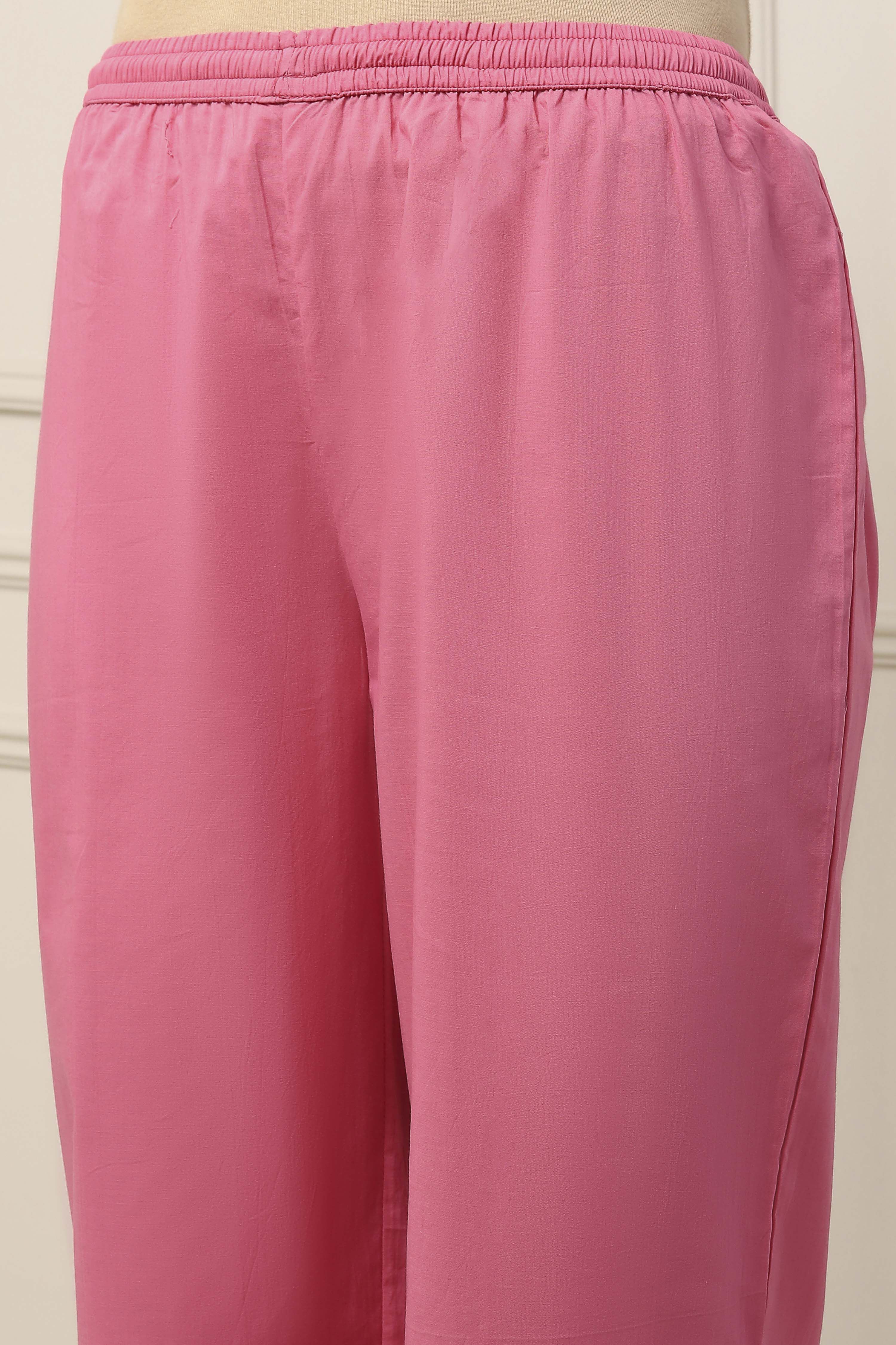 Pink Cotton Solid Floral Cutwork Straight Suit Set image number 2