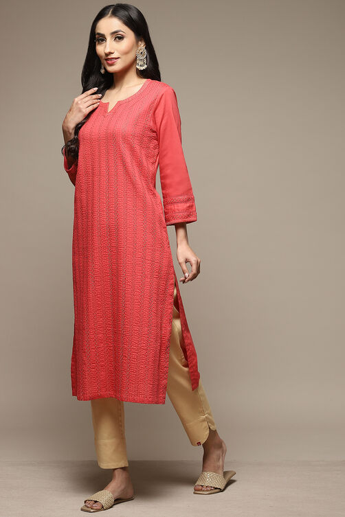 Orange Cotton Straight Kurta image number 3