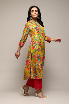 Yellow Viscose Straight Printed Kurta image number 0