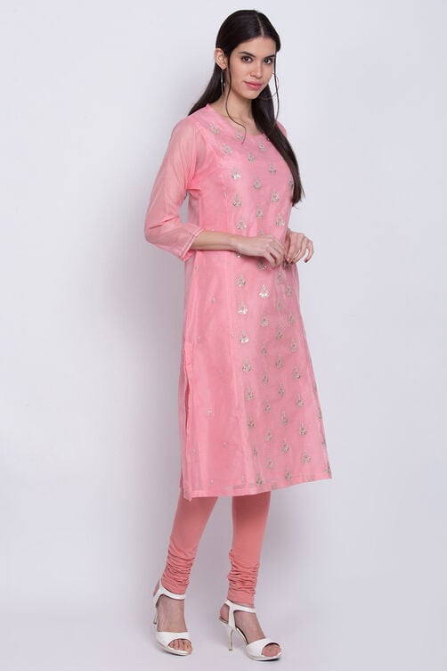 Pink Poly Cotton A-Line Embroidered Kurta image number 3