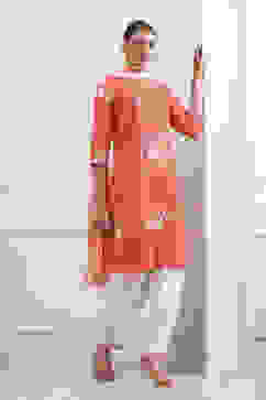 Orange and White Cotton Printed Straight Salwar Suit Set image number 5