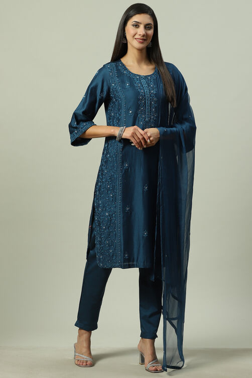 Indigo Silk Blend Straight Kurta Slim Pants Suit Set image number 5