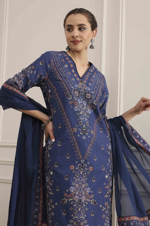 Blue Cotton Printed Straight Suit Set image number 7