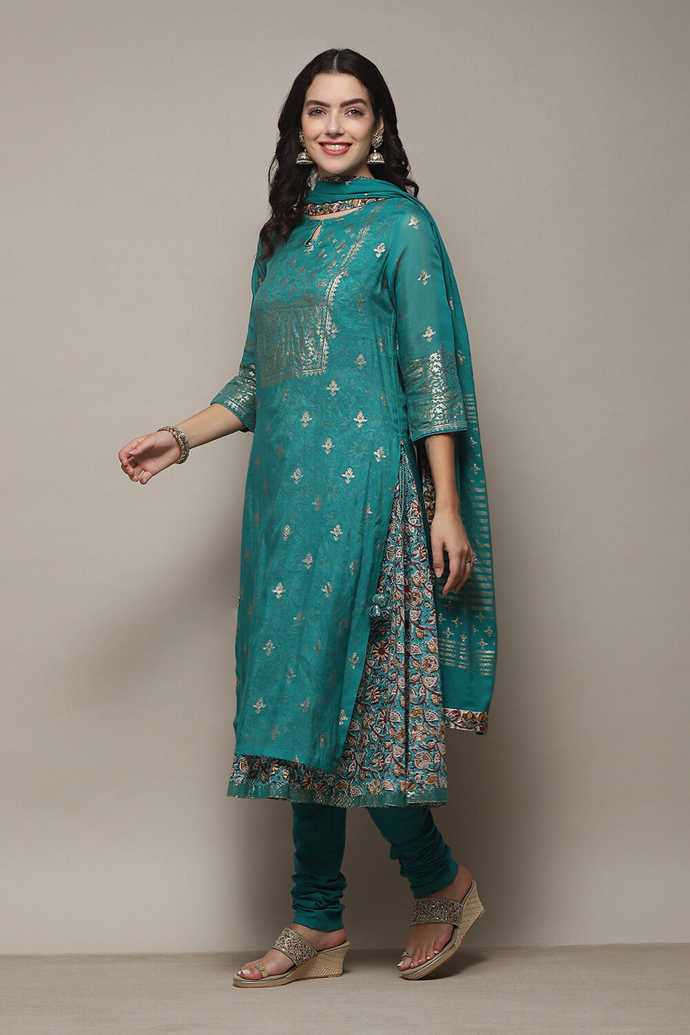 Turquoise Poly Modal Layered Printed Kurta Churidar Suit Set image number 4