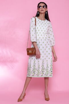 White And Green Cotton Kurta  Printed Kurta Dress image number 0