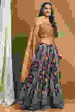 Mustard Yellow and Navy Blue Embroidered Lehenga Set image number 5