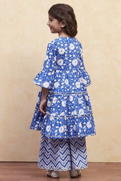Navy Blue Cotton Angrakha Tiered Kurta Set image number 4