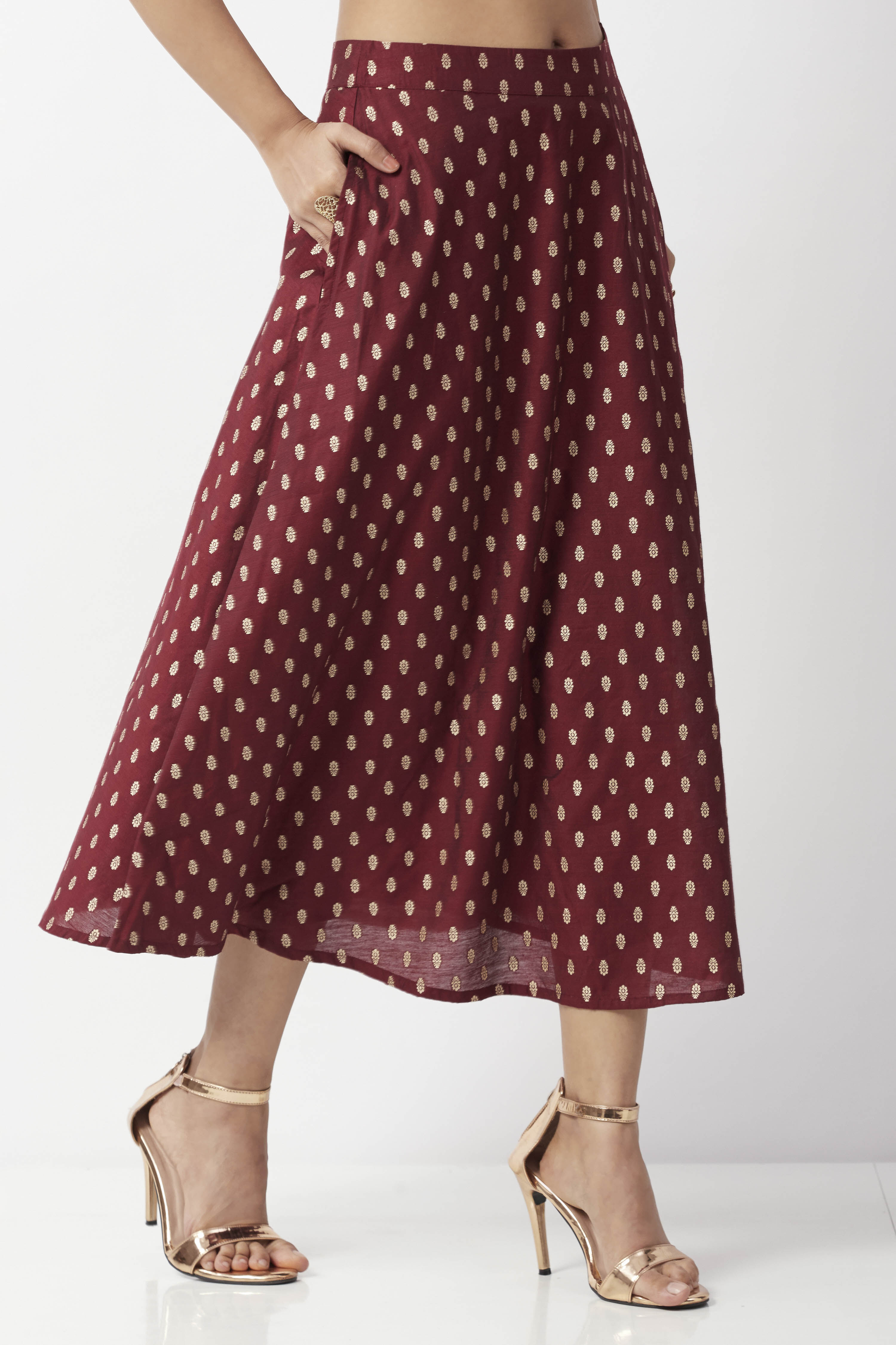 Maroon Art Silk Foil Printed Flared Skirt image number 4