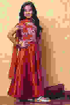 Red Floral Printed Flared Festive Lehenga Set image number 0