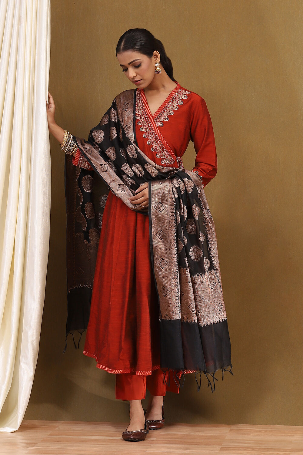 Rust Embroidered Angrakha Festive Anarkali Suit Set image number 1