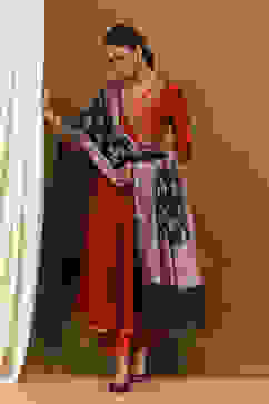 Rust Embroidered Angrakha Festive Anarkali Suit Set image number 1