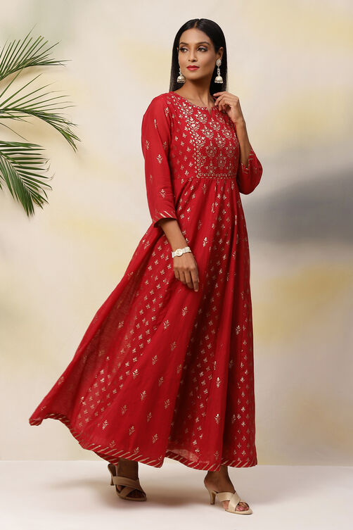 Deep Red Flared Poly Cotton Fusion Wear Dress image number 4