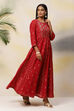Deep Red Flared Poly Cotton Fusion Wear Dress image number 4