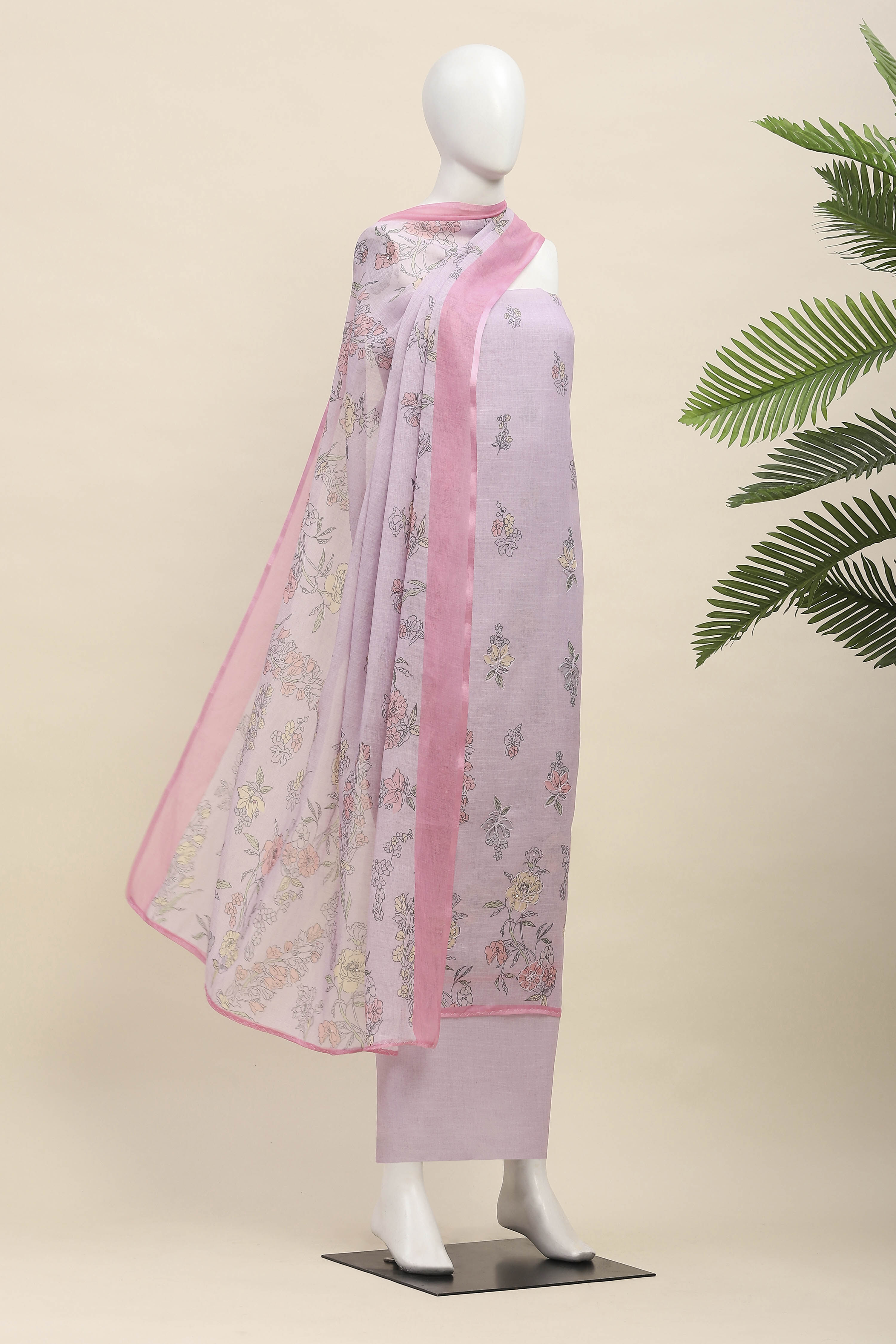 Pink Linen Unstitched Suit Set image number 4