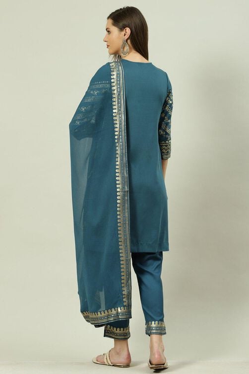 Teal Printed Straight Kurta Slim Pant Suit Set image number 4