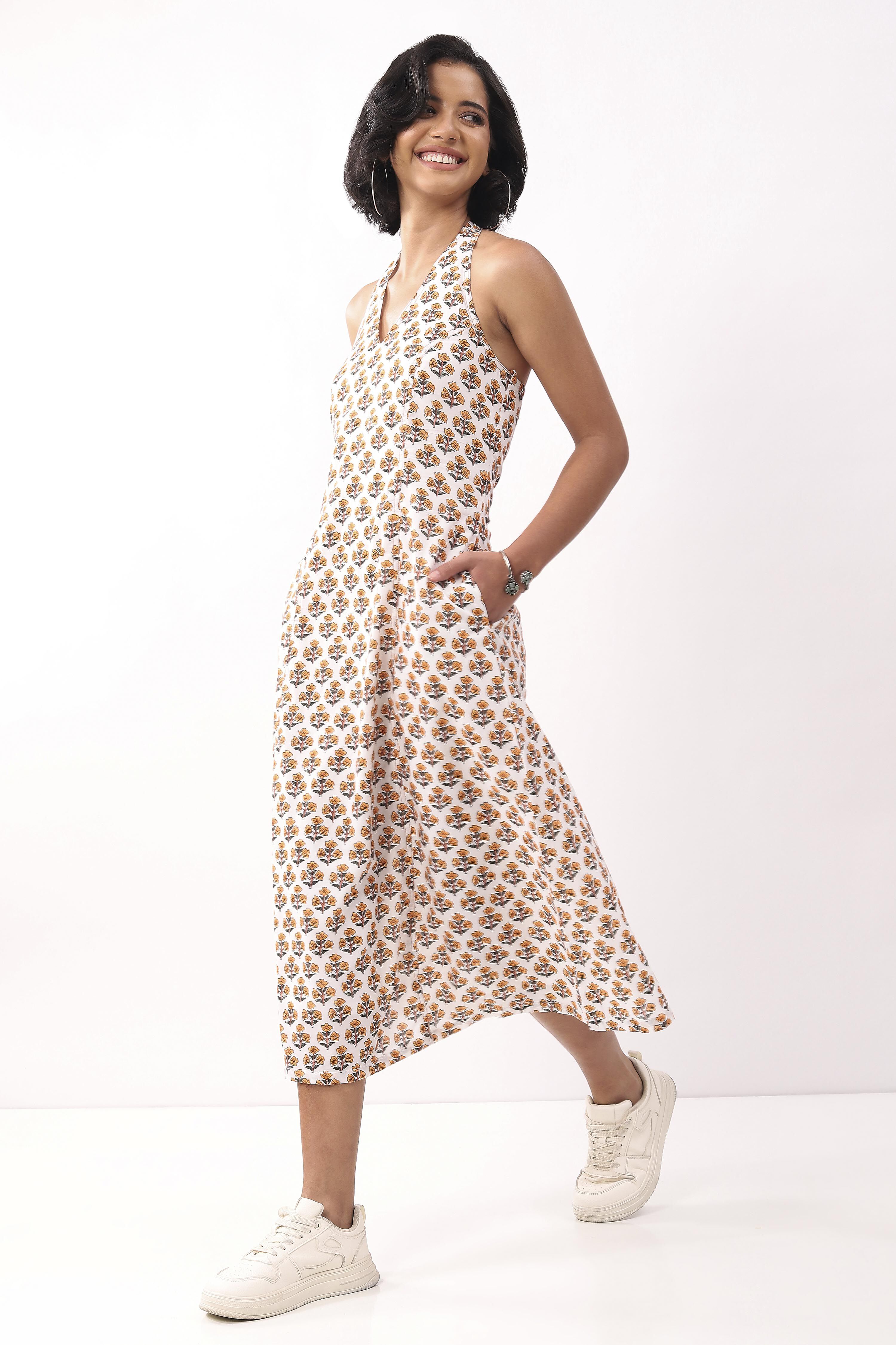 Ivory Cotton Printed A Line Dress image number 2