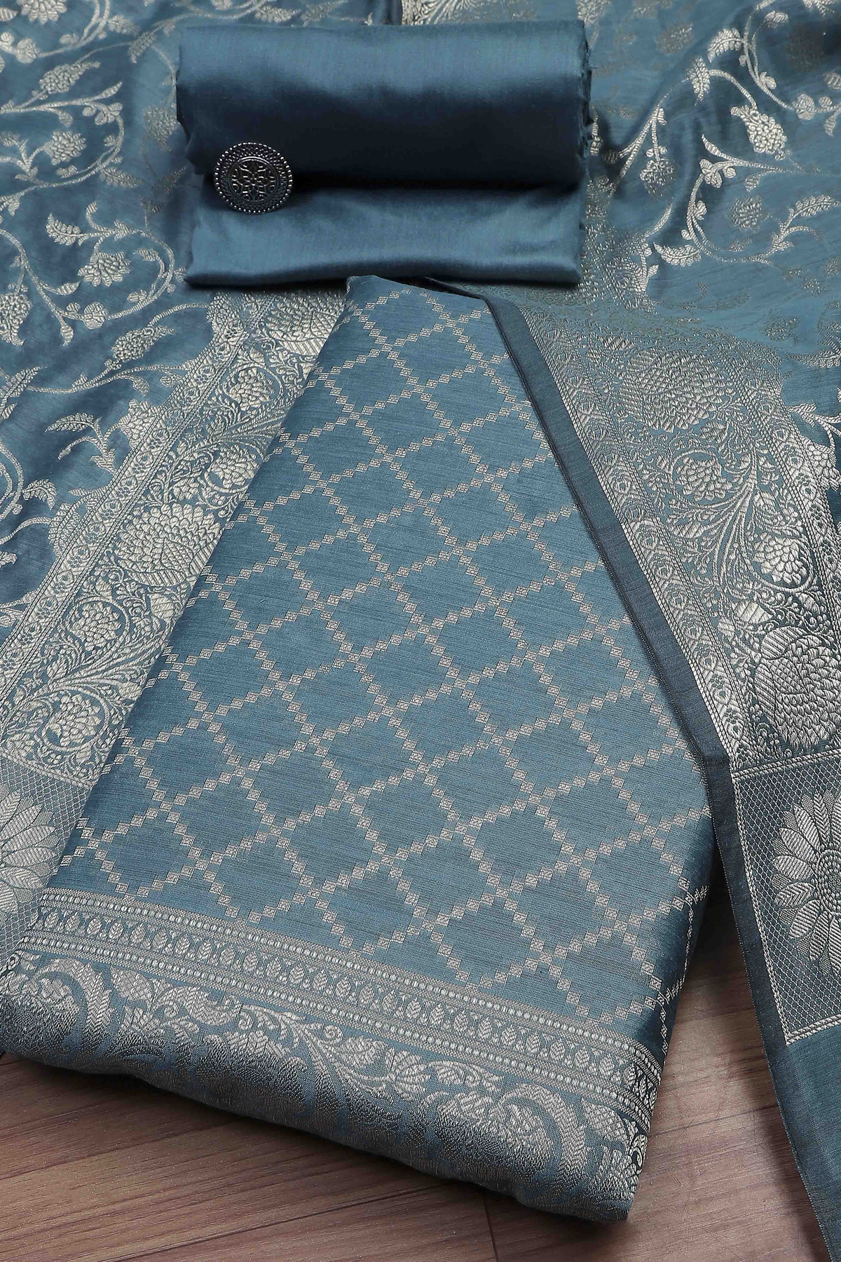 Teal Cotton Printed Embroidered Unstitched Suit Set