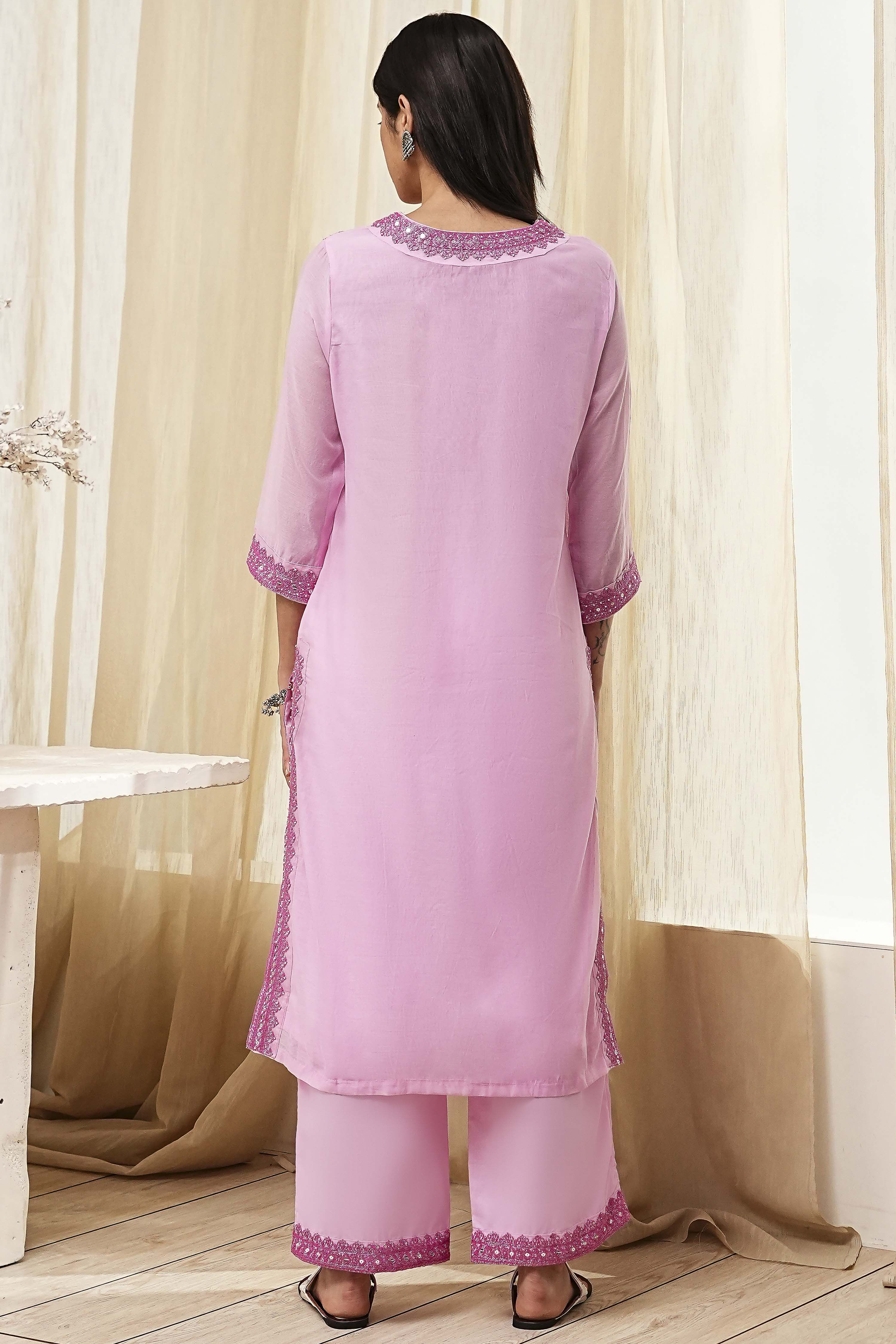 Pink Embroidered Straight Suit Set image number 4