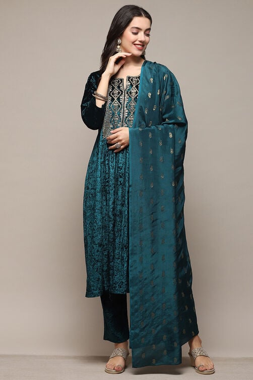 Teal Polyester Straight Embroidered Kurta Palazzo Suit Set image number 7