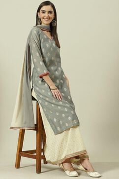 Cream & Grey Printed Straight Kurta Sharara Suit Set image number 6