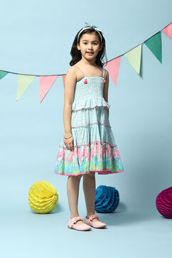 Turquoise Cotton Tiered Dress image number 3