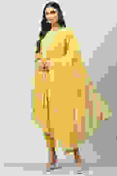 Yellow Cotton Blend Straight Kurta Slim Pants Suit Set image number 5