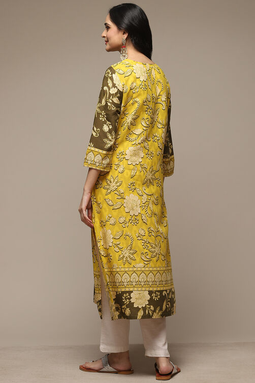 Olive Green LIVA Straight Printed Kurta image number 4