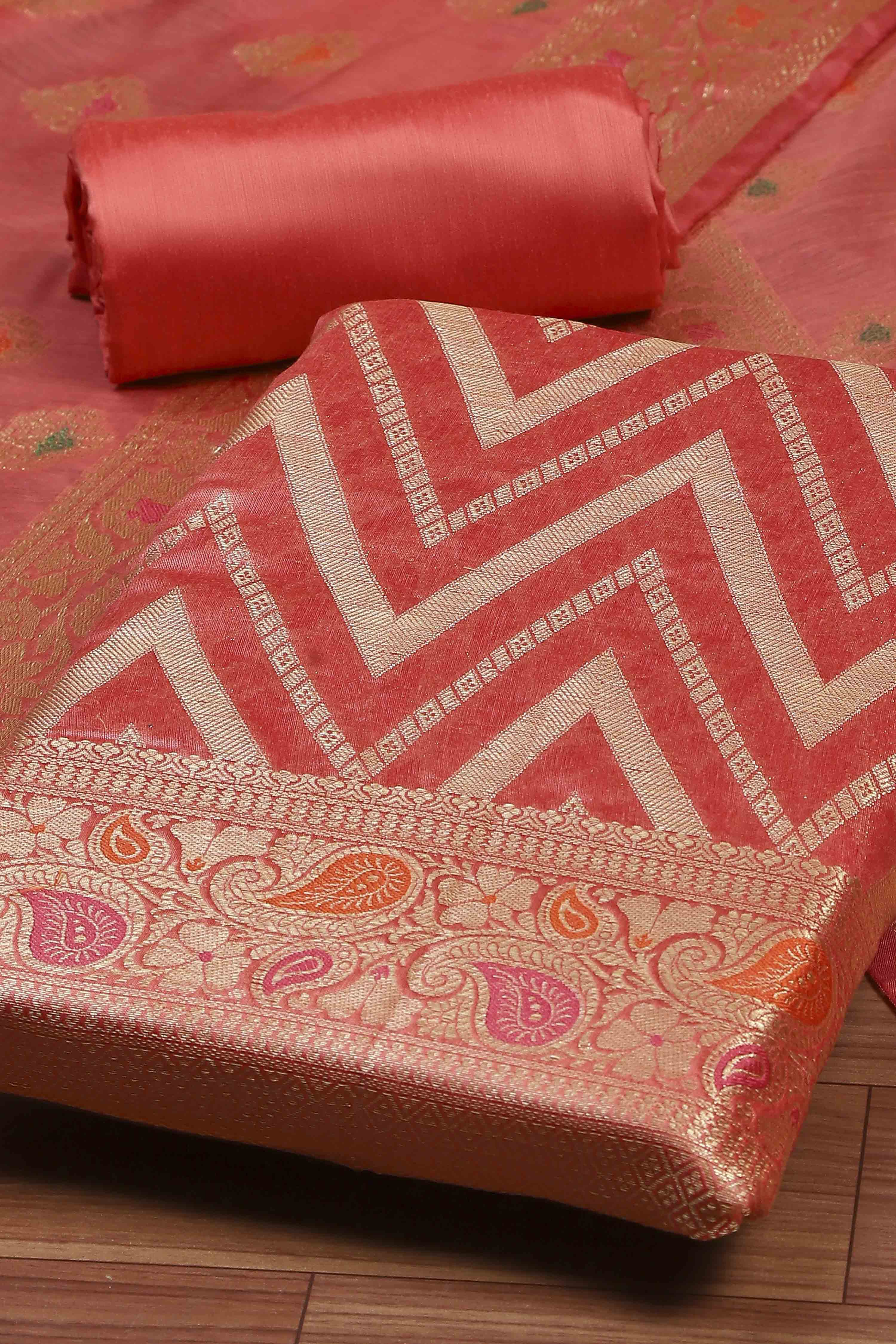 Red Cotton Printed Embroidered Unstitched Suit Set image number 1