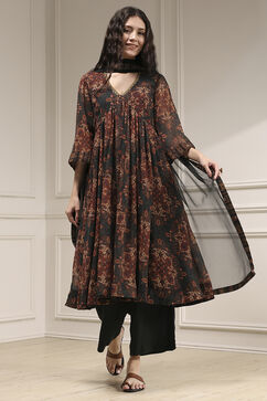 Charcoal Black Printed Gathered Suit Set image number 6