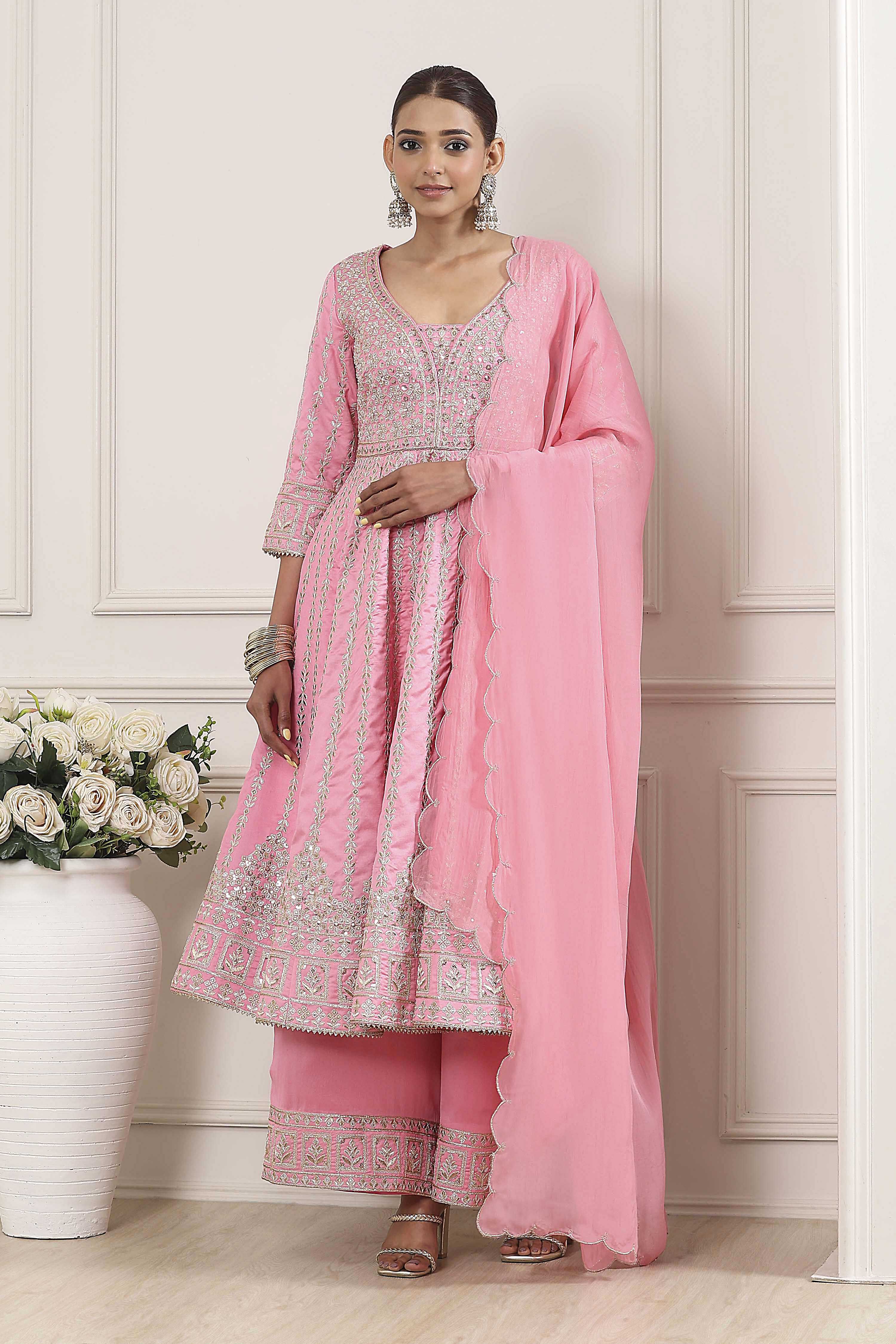 Rose Pink Cotton Silk Embroidered Anarkali Suit Set image number 6