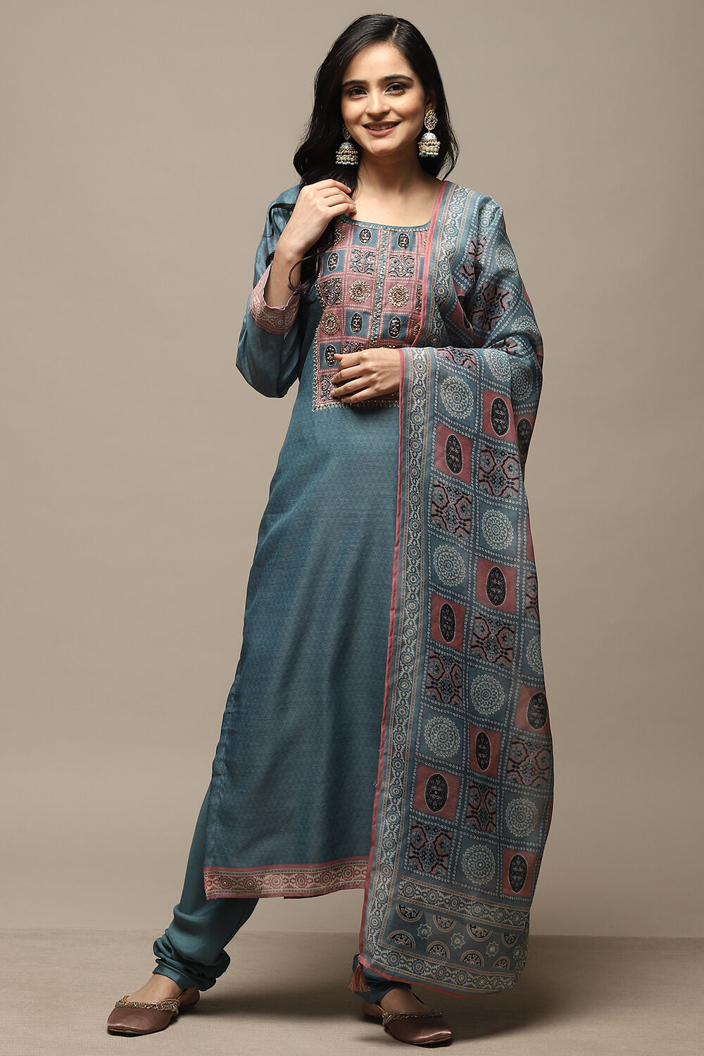 Peach Chanderi Machine Embroidered Unstitched Suit Set image number 2