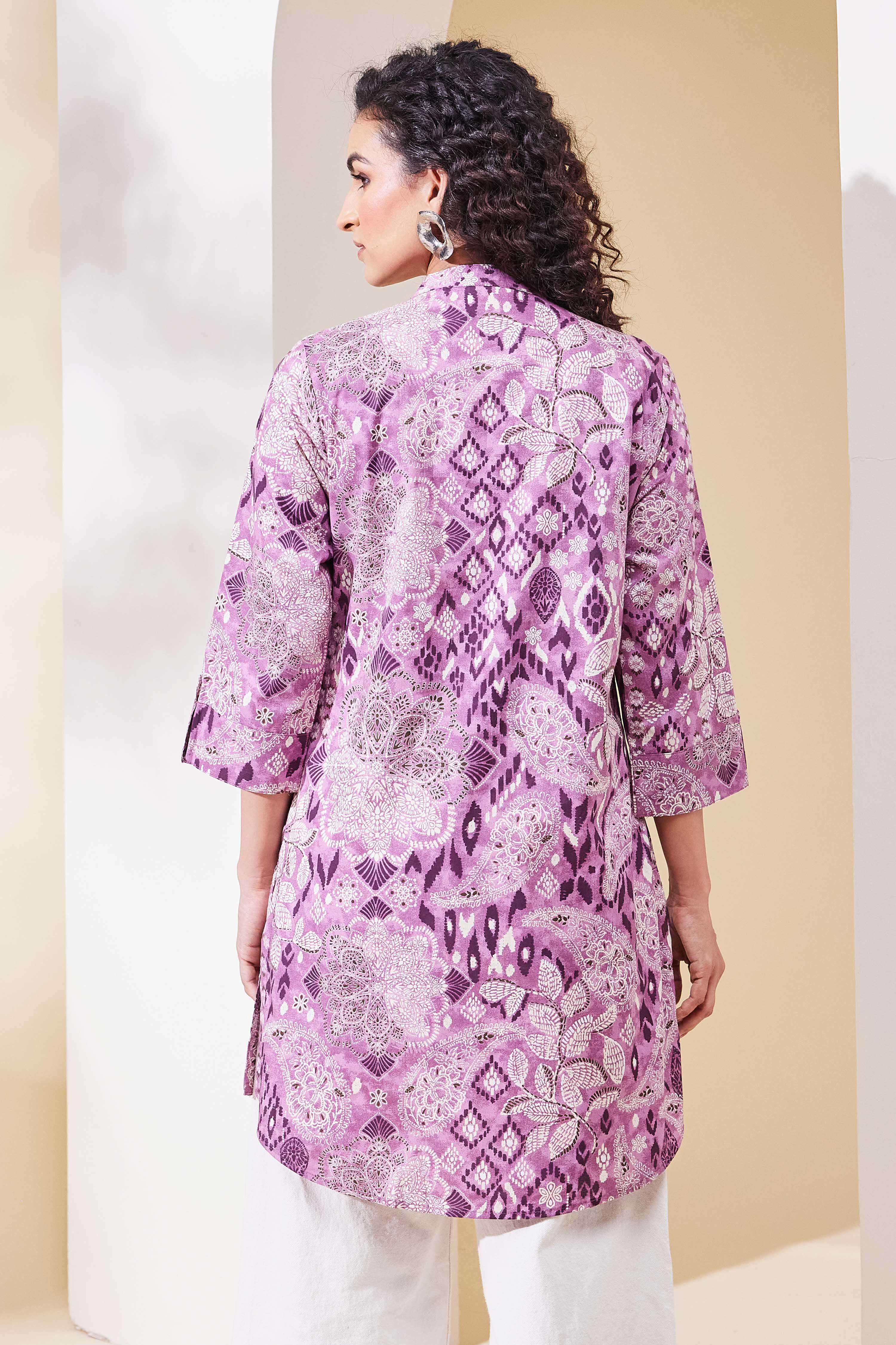 Purple Cotton Printed A-Line Kurta image number 3