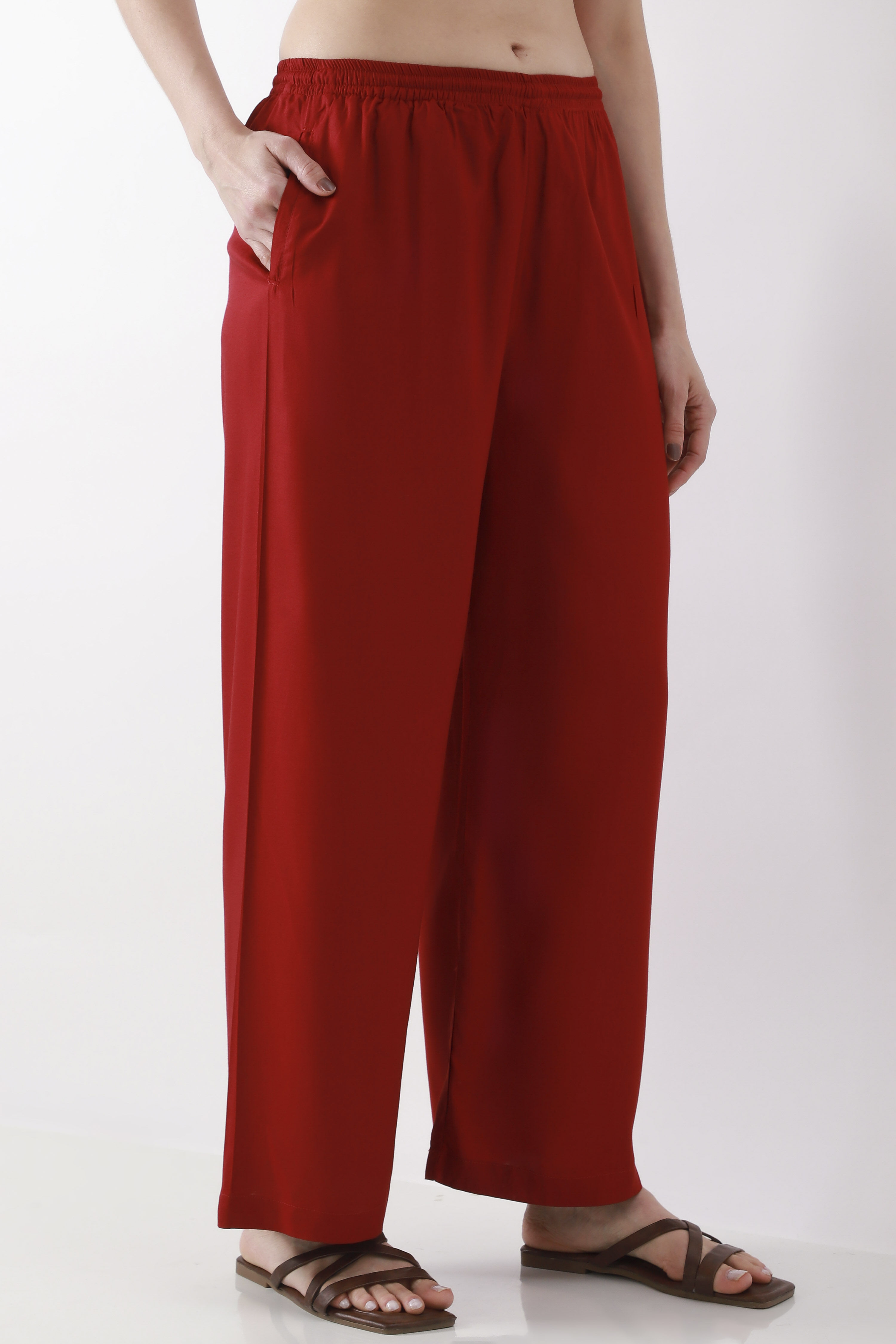 Maroon Solid Straight Palazzos image number 3