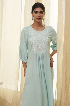 Aqua Solid Gathered Straight Kurta image number 6