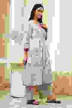 Beige and Green Cotton Angrakha Anarkali Kurta Set image number 5