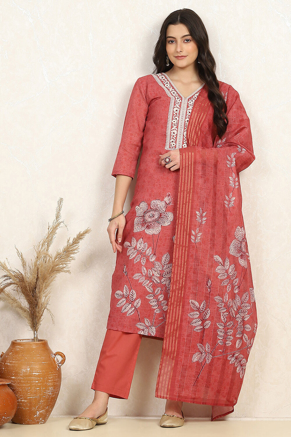Rust Linen Digital Print Unstitched Suit Set image number 1