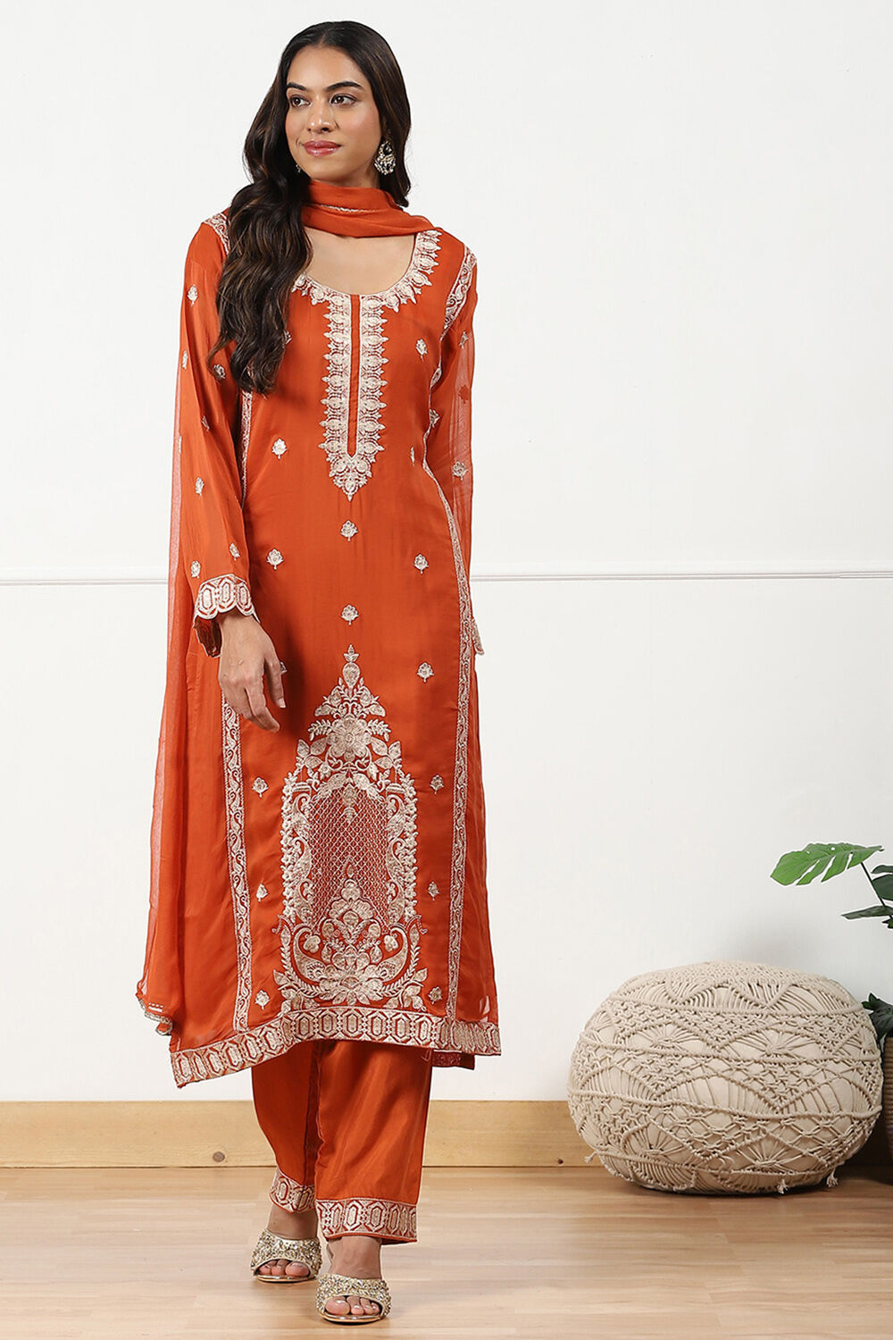 Mustard Organza Machine Embroidered Unstitched Suit Set image number 1