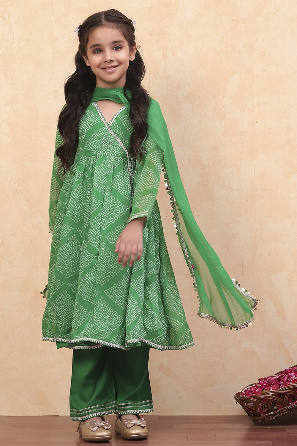 Green Georgette Bandhani Printed Angrakha Suit Set image number 3
