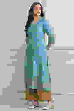 Turquoise Rayon A-Line Printed Kurta image number 2