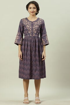 Indigo Cotton A-Line Printed Dress image number 5