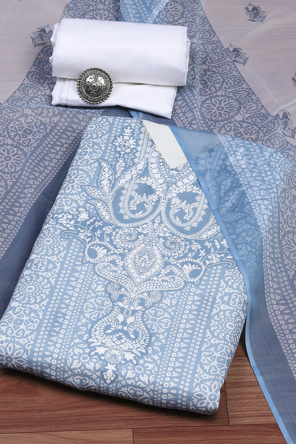 White and Blue Cotton Digital Print Unstitched Suit Set image number 0